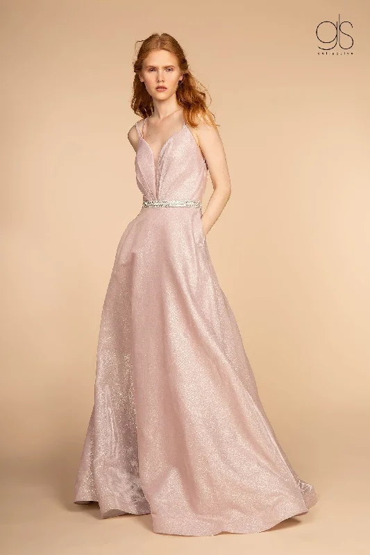 Wedding guest dresses in bright, festive colors -Long A-line Glitter Dress with Jeweled Waistband by Elizabeth K GL2504