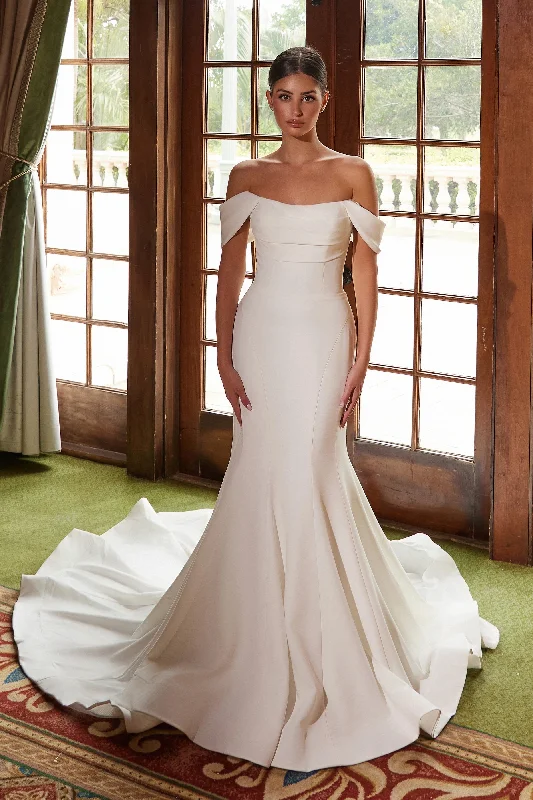 elegant cocktail dresses for summer weddings with floral prints --Satin Off Shoulder Bridal Gown by Nox Anabel JW1032 elegant cocktail dresses for summer weddings with floral prints --Satin Off Shoulder Bridal Gown by Nox Anabel JW1032