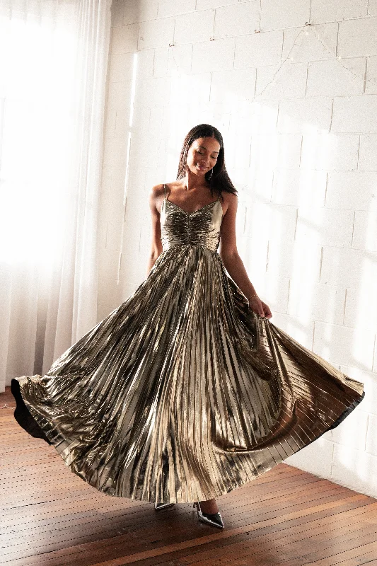 Retro party dresses for vintage-themed events -Naira Pleated Maxi Dress - Gold