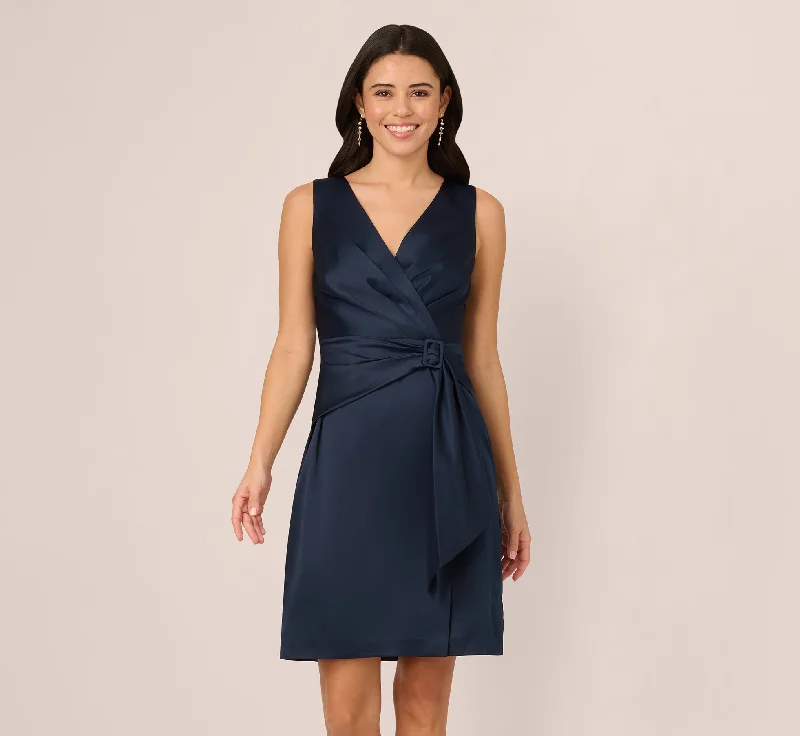 Chic spring dresses with minimal embellishments -Sleeveless Satin Draped Short Dress In Dark Navy Chic spring dresses with minimal embellishments -Sleeveless Satin Draped Short Dress In Dark Navy