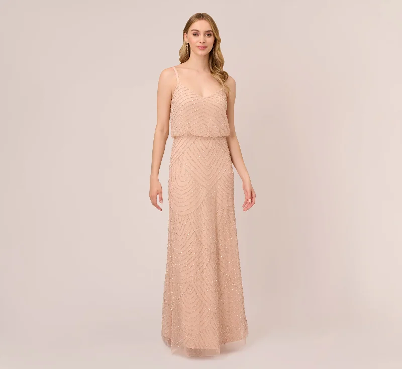 formal dresses for bridesmaids in matching pastel colors --Art Deco Beaded Blouson Gown In Blush