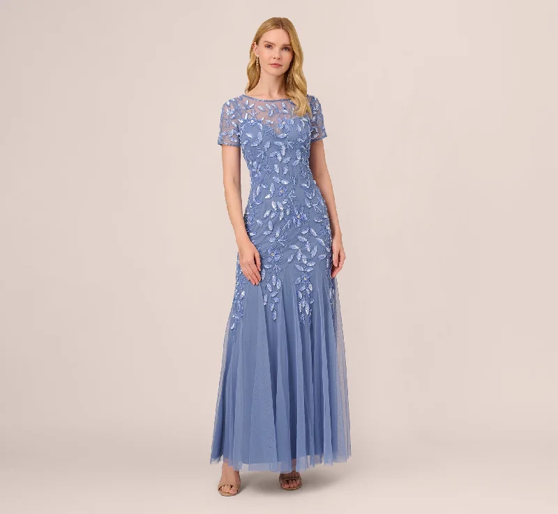 formal dresses with floral embroidery for spring occasions --Hand Beaded Short Sleeve Floral Godet Gown In French Blue
