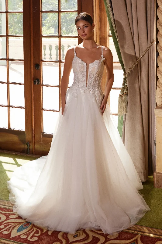cocktail dresses with mesh necklines for modern appeal --Applique Tulle A-line Bridal Gown by Nox Anabel JE1021