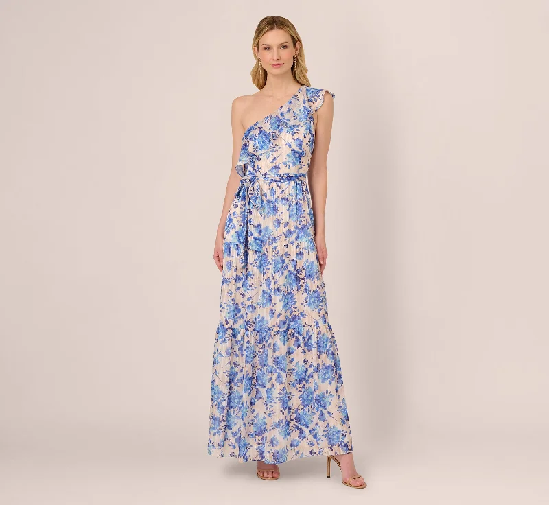 Classic wrap wedding guest dresses for all occasions -One Shoulder Metallic Stripe Floral Maxi Dress In Champagne Blue Multi