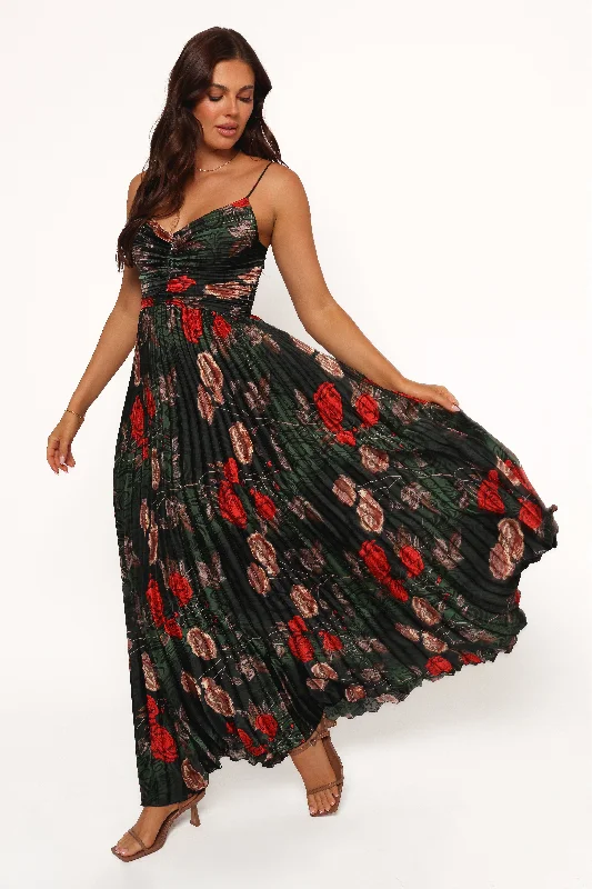 formal dresses with tiered skirts for volume and movement --Naira Pleated Maxi Dress - Green Floral formal dresses with tiered skirts for volume and movement --Naira Pleated Maxi Dress - Green Floral