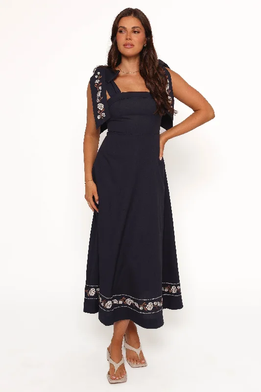 Bright colored dresses for tropical themed parties -Marcella Midi Dress - Navy