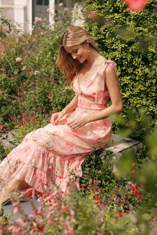 cocktail dresses with velvet finishes for winter warmth --Fionna Maxi Dress - Peach Floral cocktail dresses with velvet finishes for winter warmth --Fionna Maxi Dress - Peach Floral