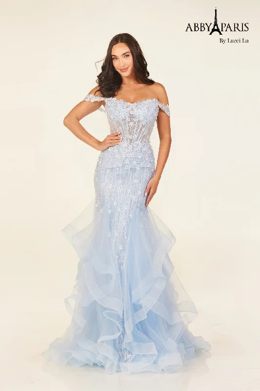 cocktail dresses with off-shoulder necklines for feminine charm --Off Shoulder Ruffled Gown by Abby Paris 90333 cocktail dresses with off-shoulder necklines for feminine charm --Off Shoulder Ruffled Gown by Abby Paris 90333
