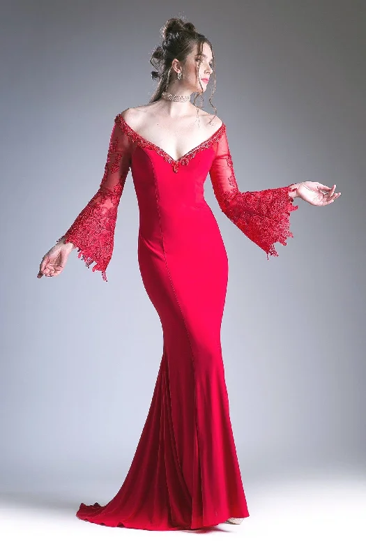 Wedding guest dresses with an elegant, timeless appeal -Off Shoulder Dress with Lace Bell Sleeves by Cinderella Divine 71272 Wedding guest dresses with an elegant, timeless appeal -Off Shoulder Dress with Lace Bell Sleeves by Cinderella Divine 71272