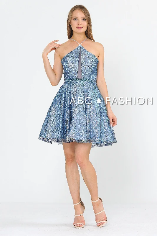 Graduation dresses with high-low hems for a unique style -Short Floral Glitter Dress with Illusion Cutout by Poly USA 8506 Graduation dresses with high-low hems for a unique style -Short Floral Glitter Dress with Illusion Cutout by Poly USA 8506