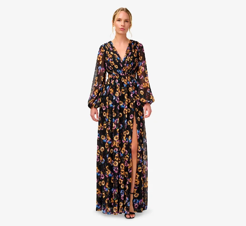 formal dresses with chiffon overlays for soft flow --Floral-Print Pleated Chiffon Long A-Line Gown In Black Multi formal dresses with chiffon overlays for soft flow --Floral-Print Pleated Chiffon Long A-Line Gown In Black Multi