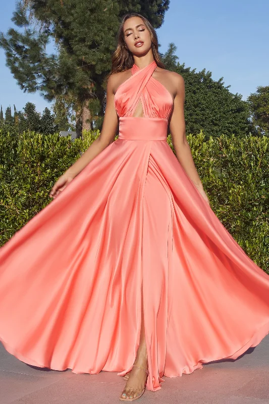 bridesmaid dresses with tiered skirts for volume --Long Convertible Satin A-line Slit Dress by Ladivine CD323 bridesmaid dresses with tiered skirts for volume --Long Convertible Satin A-line Slit Dress by Ladivine CD323