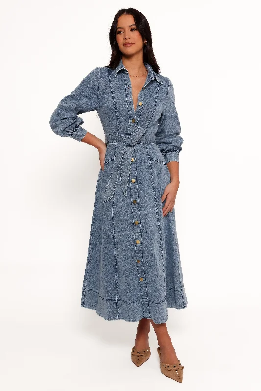 Boho-chic spring dresses for a relaxed vibe -Emberly Long Sleeve Maxi Dress - Denim