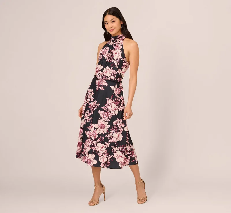 Wedding guest dresses for luxurious weddings with grand venues -Floral Print Halter Midi Dress With Mock Neckline In Black Multi Wedding guest dresses for luxurious weddings with grand venues -Floral Print Halter Midi Dress With Mock Neckline In Black Multi