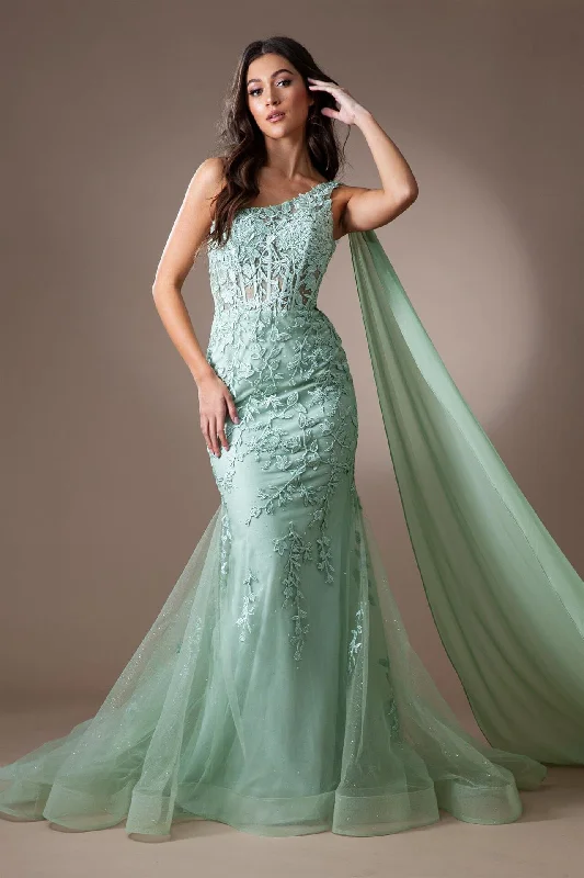 Wedding guest dresses for spring and summer seasons -Applique One Shoulder Cape Gown by Amelia Couture 7048 Wedding guest dresses for spring and summer seasons -Applique One Shoulder Cape Gown by Amelia Couture 7048