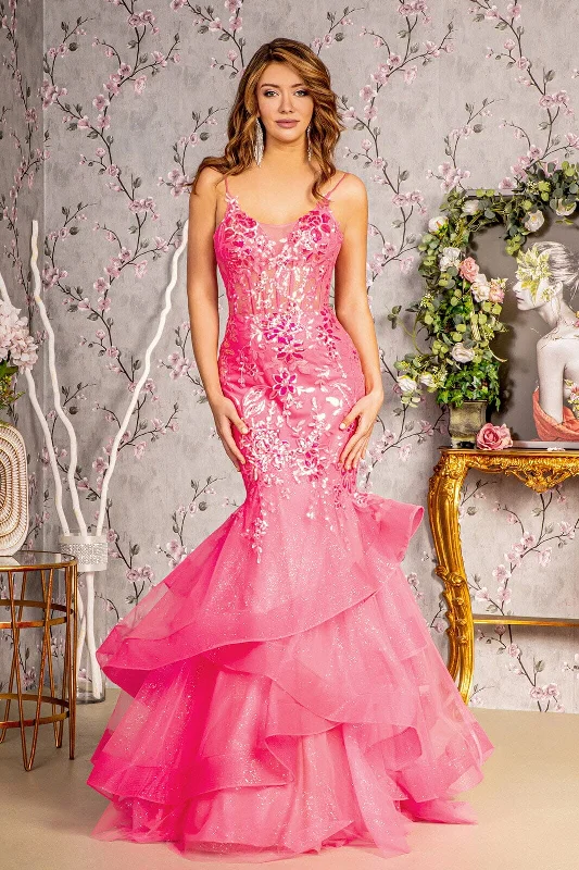 cocktail dresses with open shoulder designs for summer --Applique Sleeveless Ruffled Mermaid Dress by GLS Gloria GL3205 cocktail dresses with open shoulder designs for summer --Applique Sleeveless Ruffled Mermaid Dress by GLS Gloria GL3205