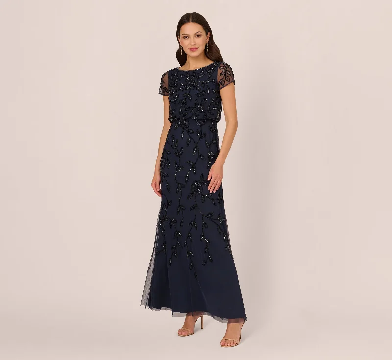 formal dresses for tall women with high slits --Jasmine Beaded Blouson Gown With Sheer Short Sleeves In Navy Black formal dresses for tall women with high slits --Jasmine Beaded Blouson Gown With Sheer Short Sleeves In Navy Black