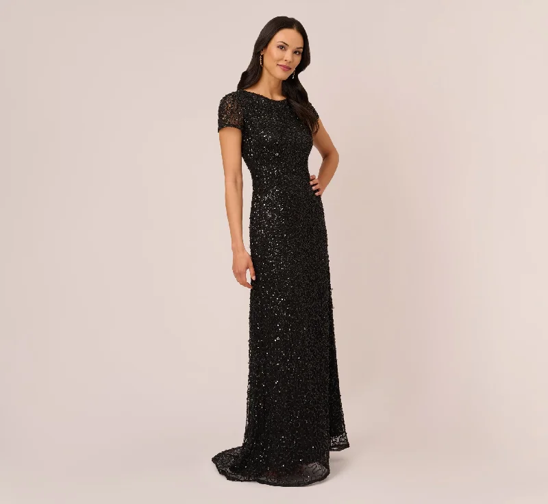 formal dresses with satin sashes for waist accentuation --Scoop Back Sequin Gown In Black formal dresses with satin sashes for waist accentuation --Scoop Back Sequin Gown In Black