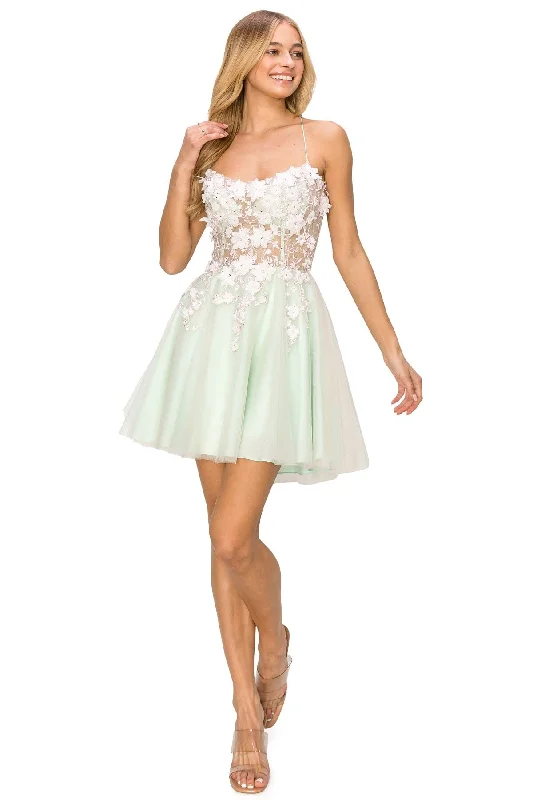 继续3D Floral Short Strappy Back Dress by Cinderella Couture 8053J
