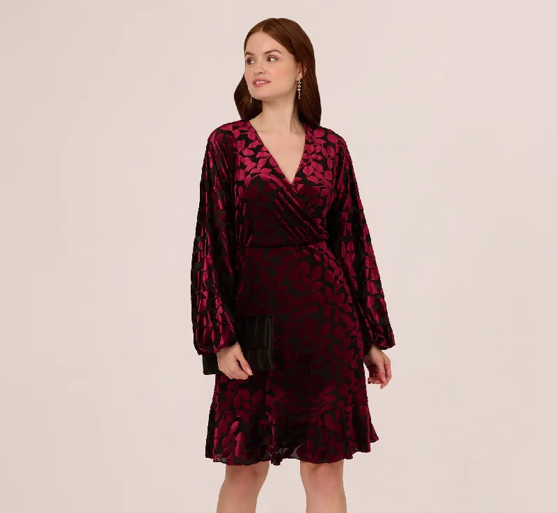 Boho-chic spring dresses for a relaxed vibe -Velvet Burnout Faux Wrap Dress With Long Bishop Sleeves In Burgundy Black Boho-chic spring dresses for a relaxed vibe -Velvet Burnout Faux Wrap Dress With Long Bishop Sleeves In Burgundy Black