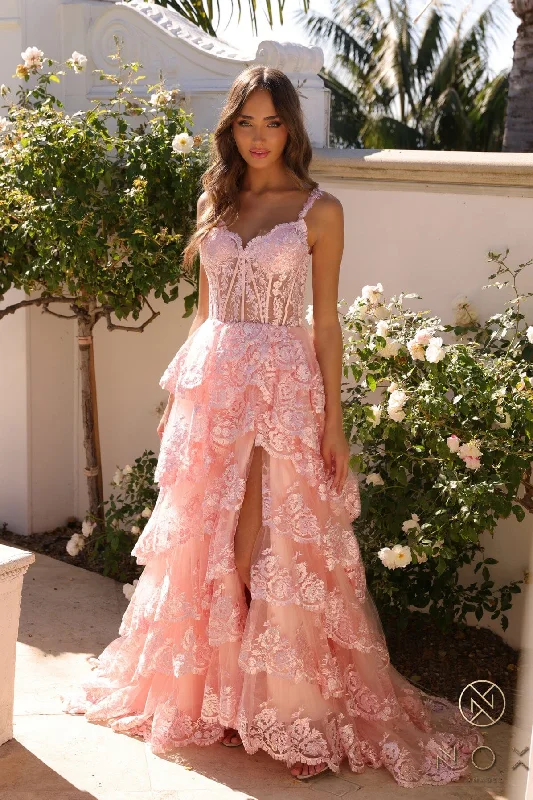 formal dresses for bridesmaids in matching pastel colors --Applique Sweetheart Tiered Slit Gown by Nox Anabel R1299 formal dresses for bridesmaids in matching pastel colors --Applique Sweetheart Tiered Slit Gown by Nox Anabel R1299