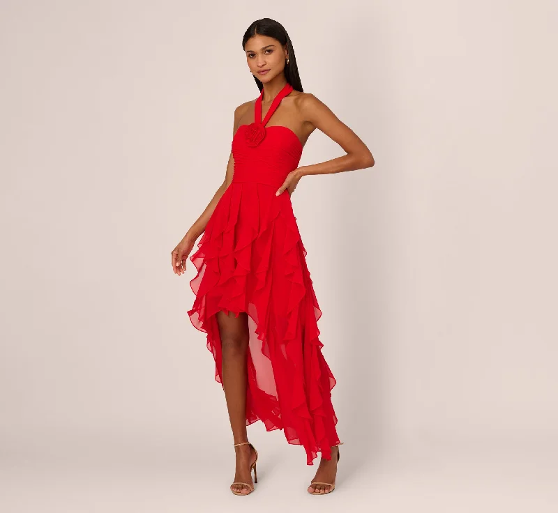 formal dresses with floral prints for garden weddings --High Low Halter Dress With 3D Floral Accent In Red Desire formal dresses with floral prints for garden weddings --High Low Halter Dress With 3D Floral Accent In Red Desire