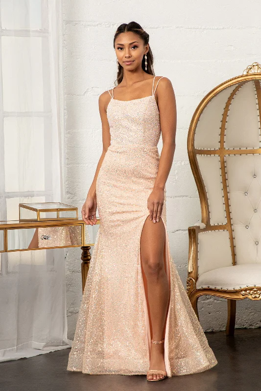 cocktail dresses with mesh necklines for modern appeal --Fitted Lace-Up Embellished Gown by Elizabeth K GL3052
