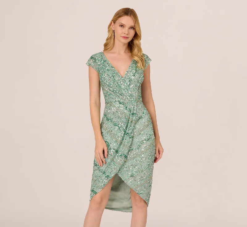 Wedding guest dresses for contemporary weddings with modern flair -Beaded Faux Wrap Dress With Sheer Cap Sleeves In Icy Sage Wedding guest dresses for contemporary weddings with modern flair -Beaded Faux Wrap Dress With Sheer Cap Sleeves In Icy Sage