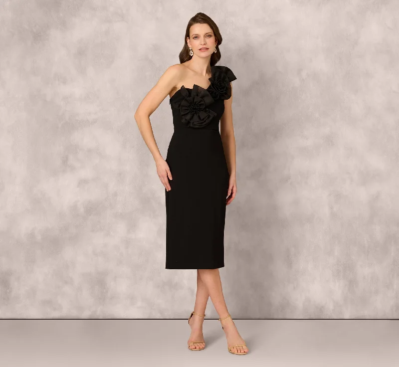 Wedding guest dresses for destination weddings by the sea -One Shoulder Rosette Midi Sheath Dress In Black Wedding guest dresses for destination weddings by the sea -One Shoulder Rosette Midi Sheath Dress In Black
