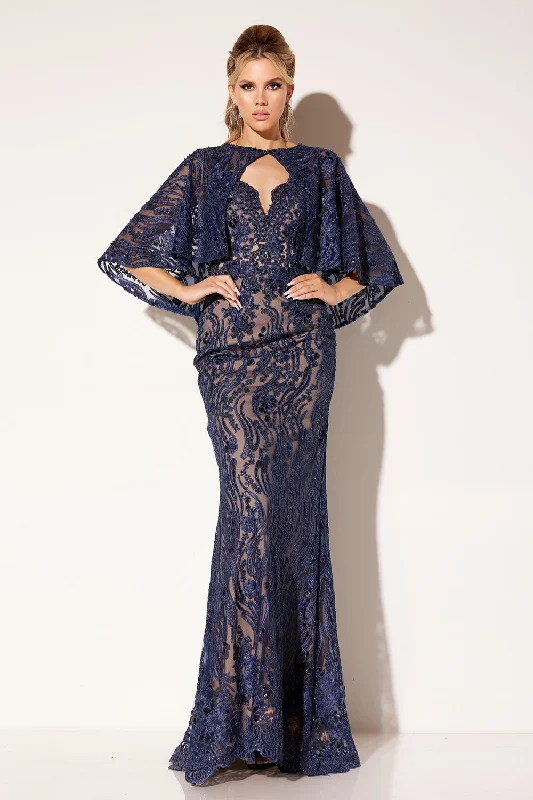 cocktail dresses with layered skirts for dramatic effect --Lace Fitted 2-Piece Cape Gown by Lucci Lu C8086 cocktail dresses with layered skirts for dramatic effect --Lace Fitted 2-Piece Cape Gown by Lucci Lu C8086