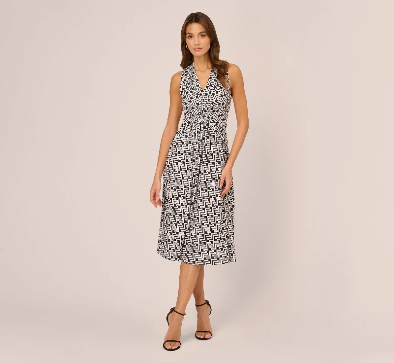 Spring dresses for casual days at the office -Sleeveless Geo Print Midi Dress With Knotted Detail In Black White Spring dresses for casual days at the office -Sleeveless Geo Print Midi Dress With Knotted Detail In Black White