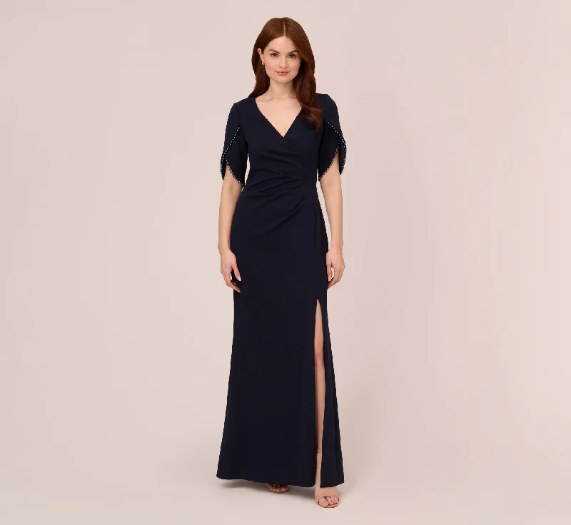 formal dresses with asymmetrical hemlines for trendy looks --Crepe Mermaid Gown With Pearl Trim Short Sleeves In Midnight formal dresses with asymmetrical hemlines for trendy looks --Crepe Mermaid Gown With Pearl Trim Short Sleeves In Midnight