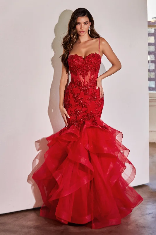 formal dresses for holiday parties in jewel tones --Applique Sleeveless Ruffled Mermaid Dress by Ladivine CC8915 formal dresses for holiday parties in jewel tones --Applique Sleeveless Ruffled Mermaid Dress by Ladivine CC8915