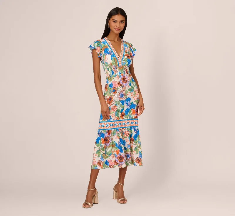 Elegant spring dresses for an outdoor evening event -Bright Floral Print Midi Dress With Flutter Sleeves In Blue-Green Multi Elegant spring dresses for an outdoor evening event -Bright Floral Print Midi Dress With Flutter Sleeves In Blue-Green Multi
