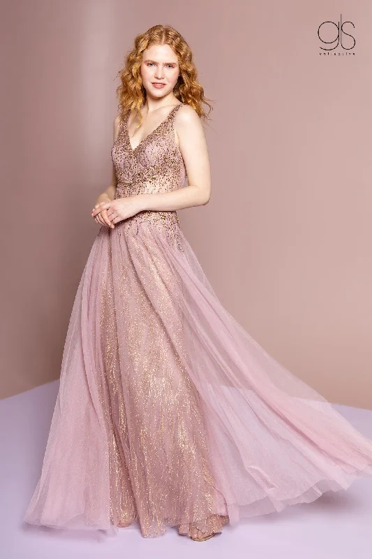 cocktail dresses with floral appliques for feminine charm --Beaded Long Glitter Sheer V-Neck Dress by Elizabeth K GL2618 cocktail dresses with floral appliques for feminine charm --Beaded Long Glitter Sheer V-Neck Dress by Elizabeth K GL2618