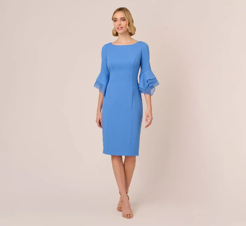 Casual spring dresses for a laid-back vibe -Knit Crepe Sheath Dress With Tiered Three Quarter Sleeves In Cool Water Casual spring dresses for a laid-back vibe -Knit Crepe Sheath Dress With Tiered Three Quarter Sleeves In Cool Water