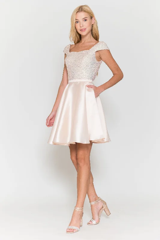 Elegant satin dresses for wedding guests -Short Sequin Bodice Cap Sleeve Dress by Poly USA 8732 Elegant satin dresses for wedding guests -Short Sequin Bodice Cap Sleeve Dress by Poly USA 8732