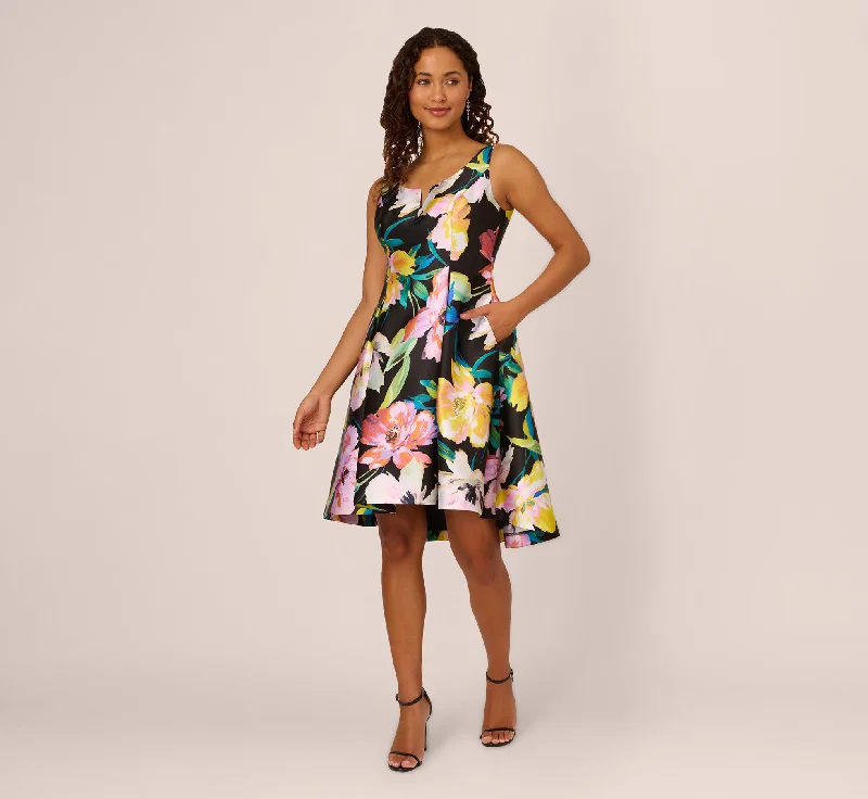 Wedding guest dresses with delicate pleats for added texture -Floral Print Mikado Sleeveless Dress With High Low Skirt In Black Multi Wedding guest dresses with delicate pleats for added texture -Floral Print Mikado Sleeveless Dress With High Low Skirt In Black Multi