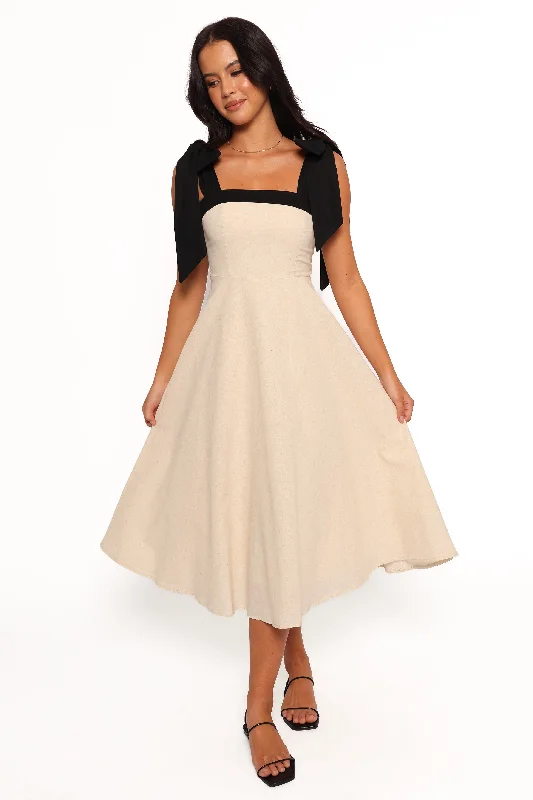 Beautiful evening party dresses for elegant affairs -Olinda Midi Dress - Oatmeal Black Beautiful evening party dresses for elegant affairs -Olinda Midi Dress - Oatmeal Black