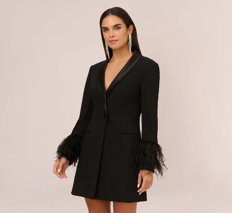 Formal wedding guest dresses for black-tie weddings -Knit Crepe Long Sleeve Blazer Dress With Feather Trim In Black Formal wedding guest dresses for black-tie weddings -Knit Crepe Long Sleeve Blazer Dress With Feather Trim In Black
