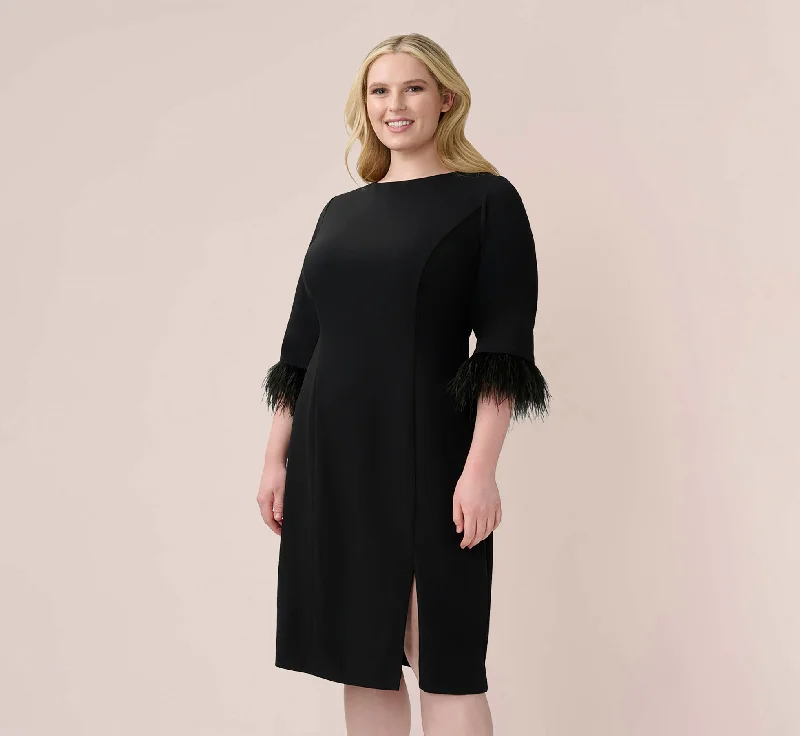 Comfortable spring dresses for all-day wear -Plus Size Crepe Sheath Dress With V-Back And Feather-Trim Sleeves In Black