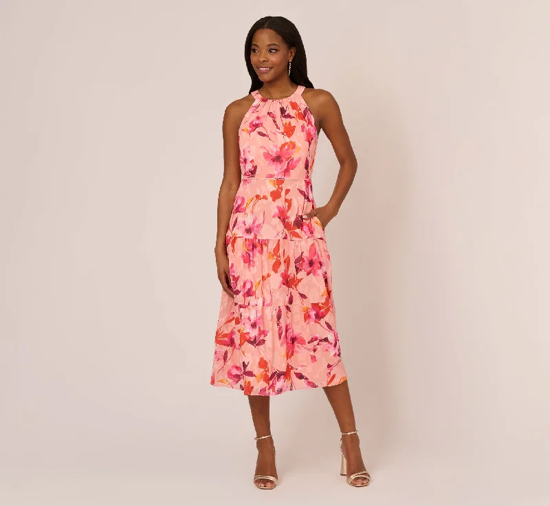 Spring dresses with pockets for practicality -Floral Chiffon Halter Dress With Tiered Skirt In Apricot Multi Spring dresses with pockets for practicality -Floral Chiffon Halter Dress With Tiered Skirt In Apricot Multi