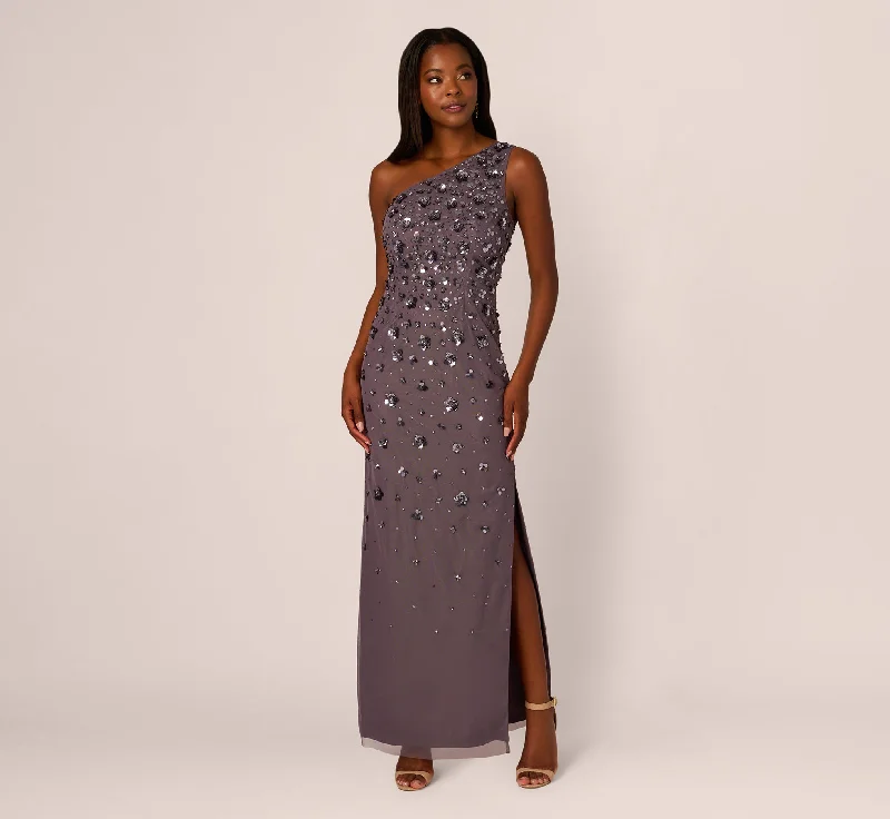 formal dresses for women with disabilities featuring magnetic closures --3D Floral Hand-Beaded One-Shoulder Long Column Gown In Moonscape formal dresses for women with disabilities featuring magnetic closures --3D Floral Hand-Beaded One-Shoulder Long Column Gown In Moonscape