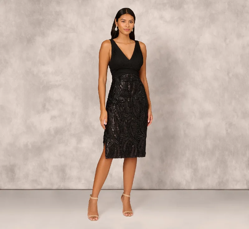 Stunning wedding guest dresses with soft draped fabric for elegance -Sleeveless Midi Dress With 3D Embroidered Skirt In Black Stunning wedding guest dresses with soft draped fabric for elegance -Sleeveless Midi Dress With 3D Embroidered Skirt In Black
