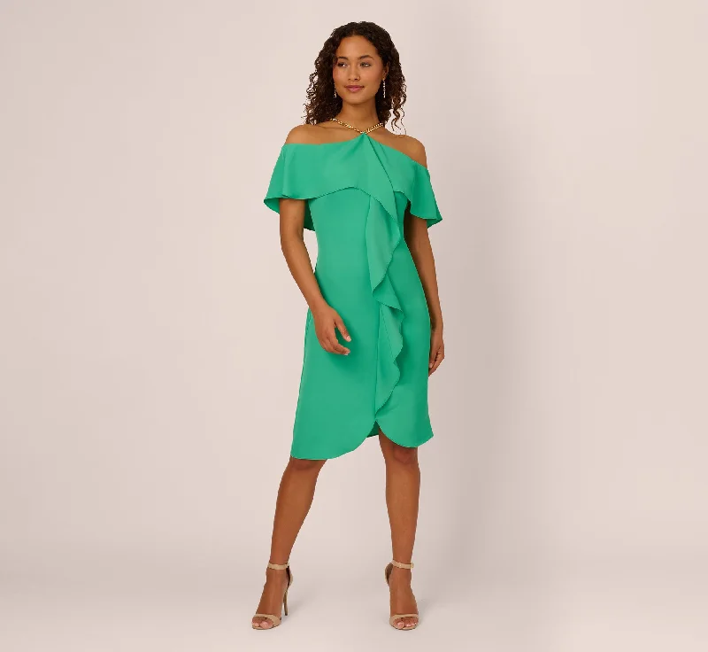 Spring dresses for beach weddings with airy fabrics -Ruffle Popover Midi Dress With Chain Halter Neckline In Flora Green Spring dresses for beach weddings with airy fabrics -Ruffle Popover Midi Dress With Chain Halter Neckline In Flora Green