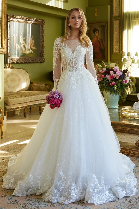cocktail dresses with satin sashes for waist accentuation --Long Sleeve Bridal Gown by GLS Gloria GL3603