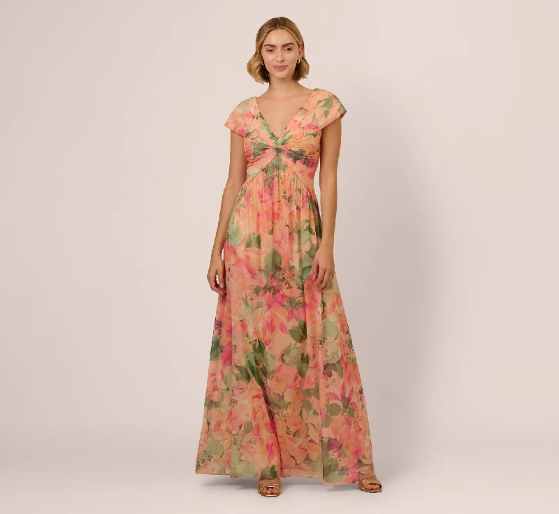 formal dresses for plus size women with A-line skirts --Printed Front Twist Gown In Blush Multi formal dresses for plus size women with A-line skirts --Printed Front Twist Gown In Blush Multi