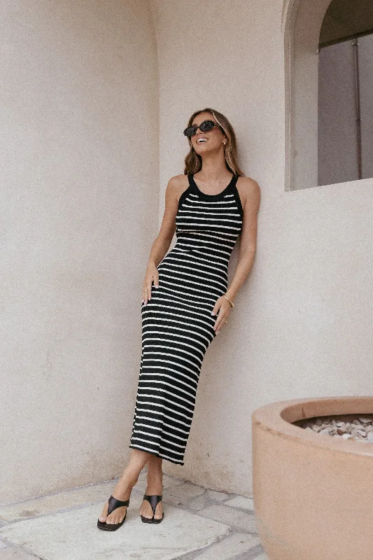 Comfortable spring dresses for all-day wear -Arabella Knit Dress - Black Beige Stripe