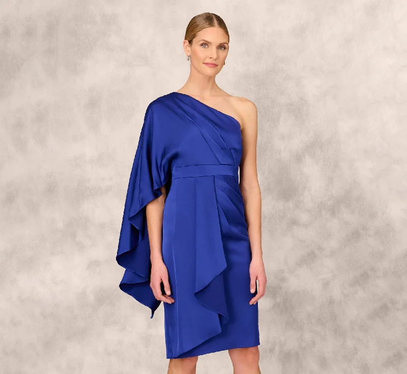 Modest wedding guest dresses for conservative weddings -One-Shoulder Satin Draped Sheath Dress With Crepe Back And Cape In Royal Sapphire Modest wedding guest dresses for conservative weddings -One-Shoulder Satin Draped Sheath Dress With Crepe Back And Cape In Royal Sapphire