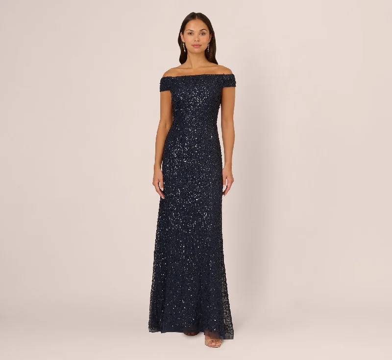formal dresses for beach parties with light, airy fabrics --Off The Shoulder Sequin Beaded Gown In Navy formal dresses for beach parties with light, airy fabrics --Off The Shoulder Sequin Beaded Gown In Navy